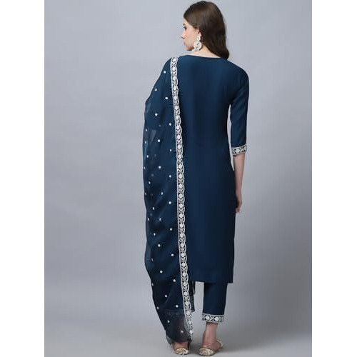 Alvami Women Embroidery Straight Kurta And Pant Set With Dupatta (Xxl) Blue