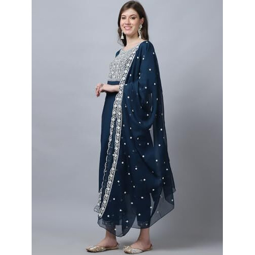 Alvami Women Embroidery Straight Kurta And Pant Set With Dupatta (Xxl) Blue