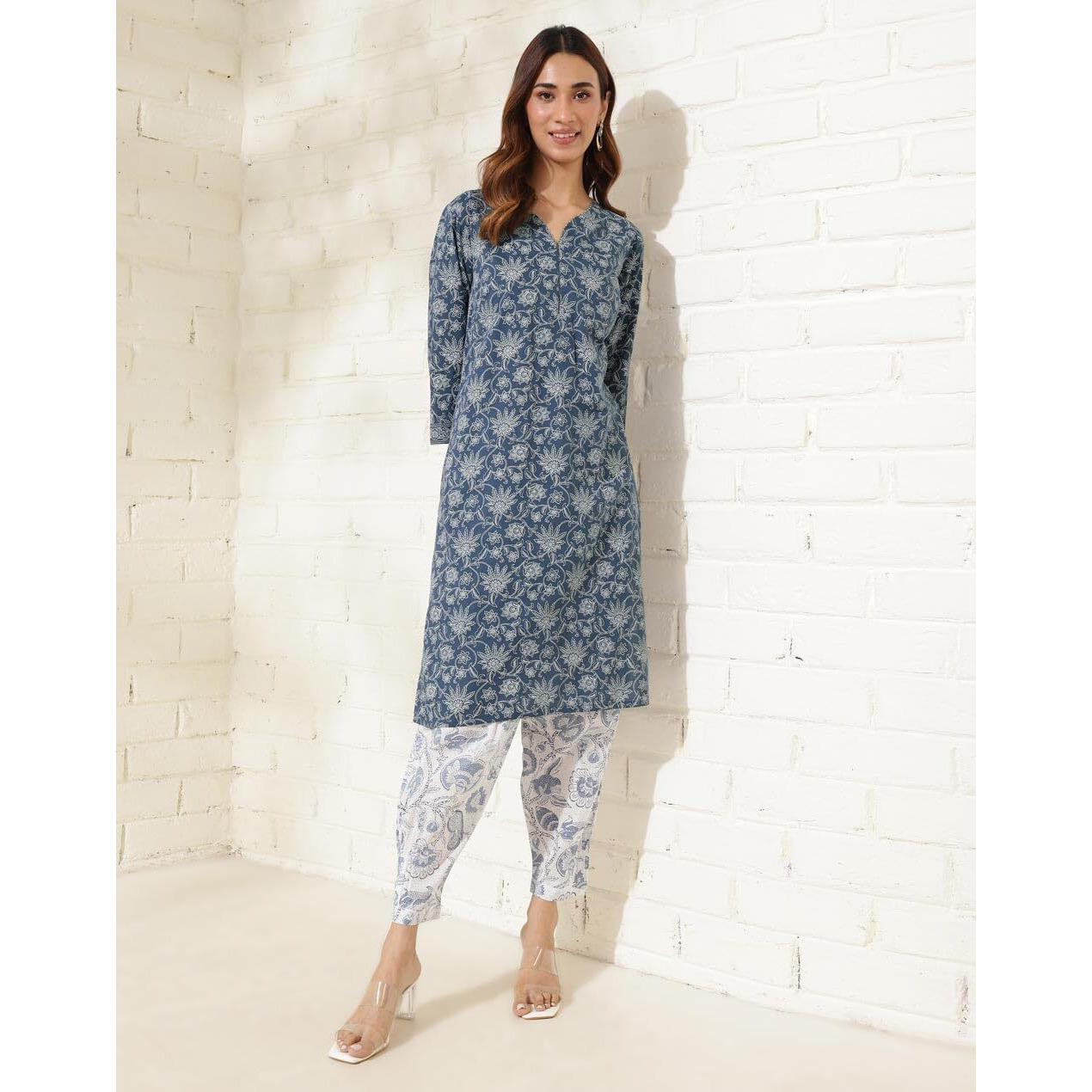 Fabindia Women's Cotton Printed Regular Kurta (1037328Indigo_Indigo