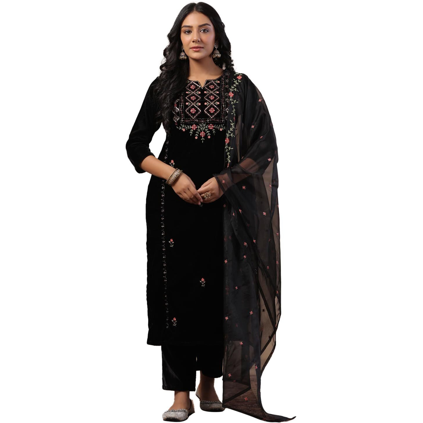 Ishin Women's Velvet Woven Design Black Kurta Set