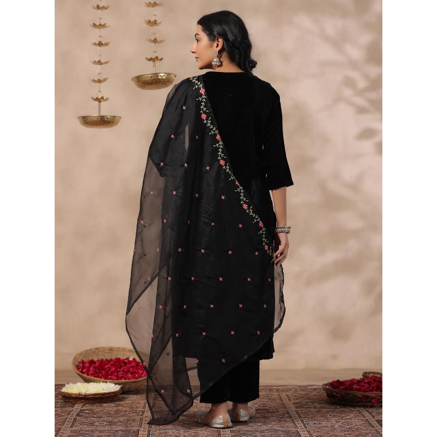Ishin Women's Velvet Woven Design Black Kurta Set