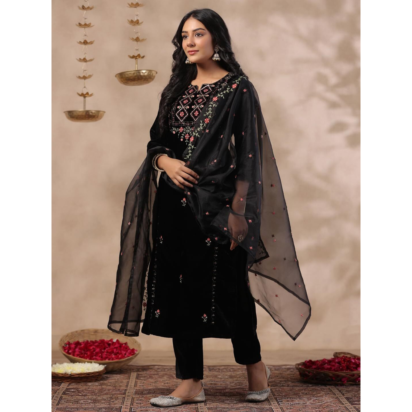 Ishin Women's Velvet Woven Design Black Kurta Set