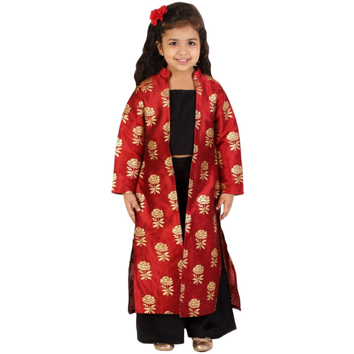 Jbn Creation Girls' Maroon And Black Brocade Cotton Silk Crop Top, Pallazo And Shrug Set_Jbngco002Ma_11-12Y