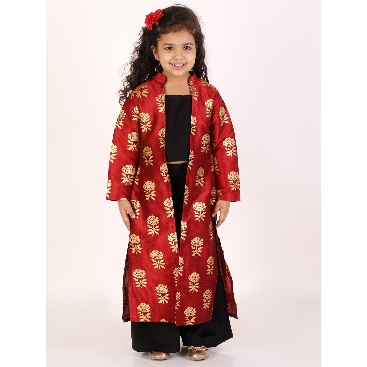 Jbn Creation Girls' Maroon And Black Brocade Cotton Silk Crop Top, Pallazo And Shrug Set_Jbngco002Ma_11-12Y