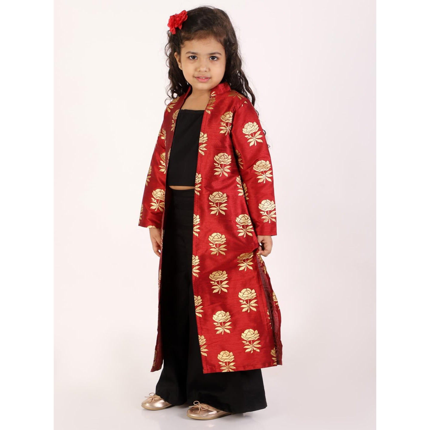 Jbn Creation Girls' Maroon And Black Brocade Cotton Silk Crop Top, Pallazo And Shrug Set_Jbngco002Ma_11-12Y