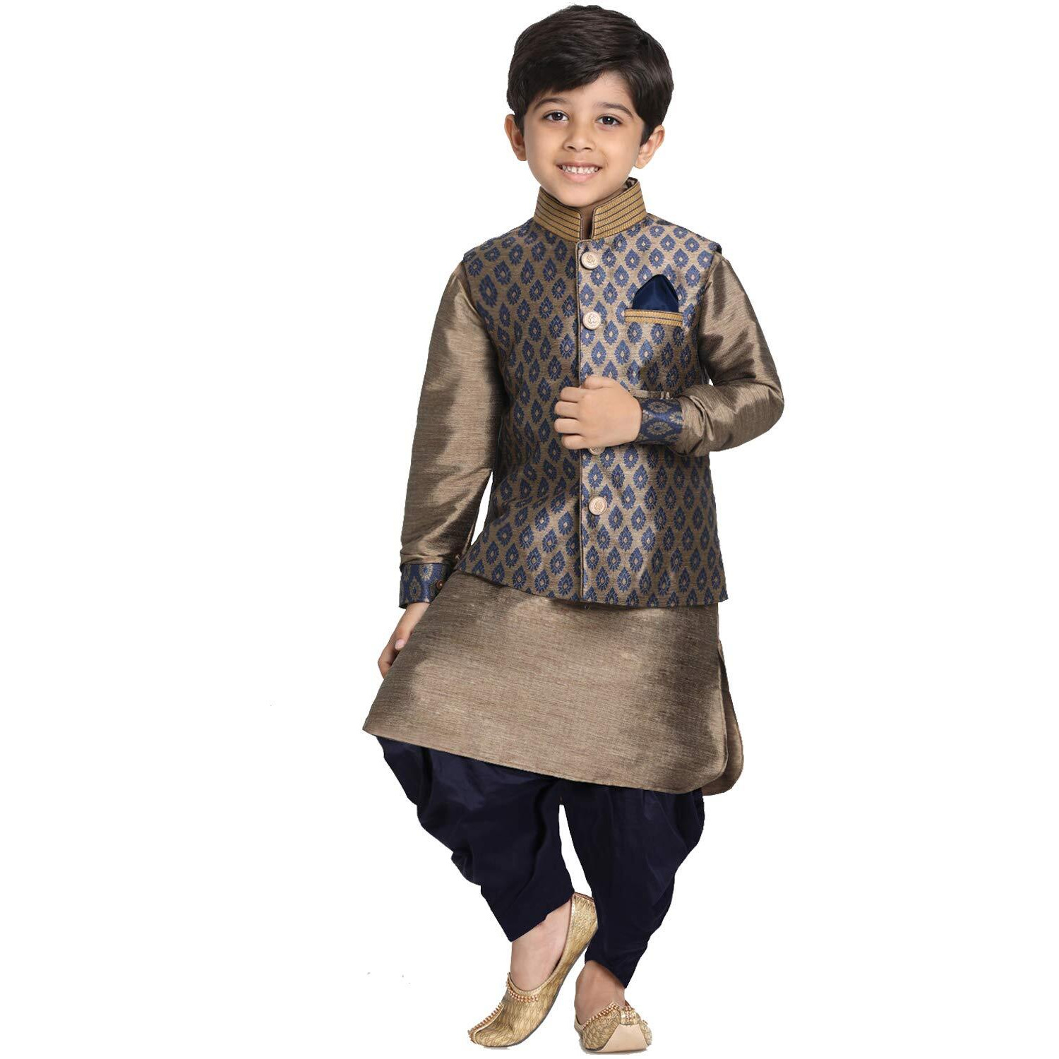 Jbn Creation Boys' Navy Blue And Gold Silk Blend Ethnic Jacket, Kurta And Dhoti Pant Set_Vasbj025Nbnbuk006Nbncdnb_26