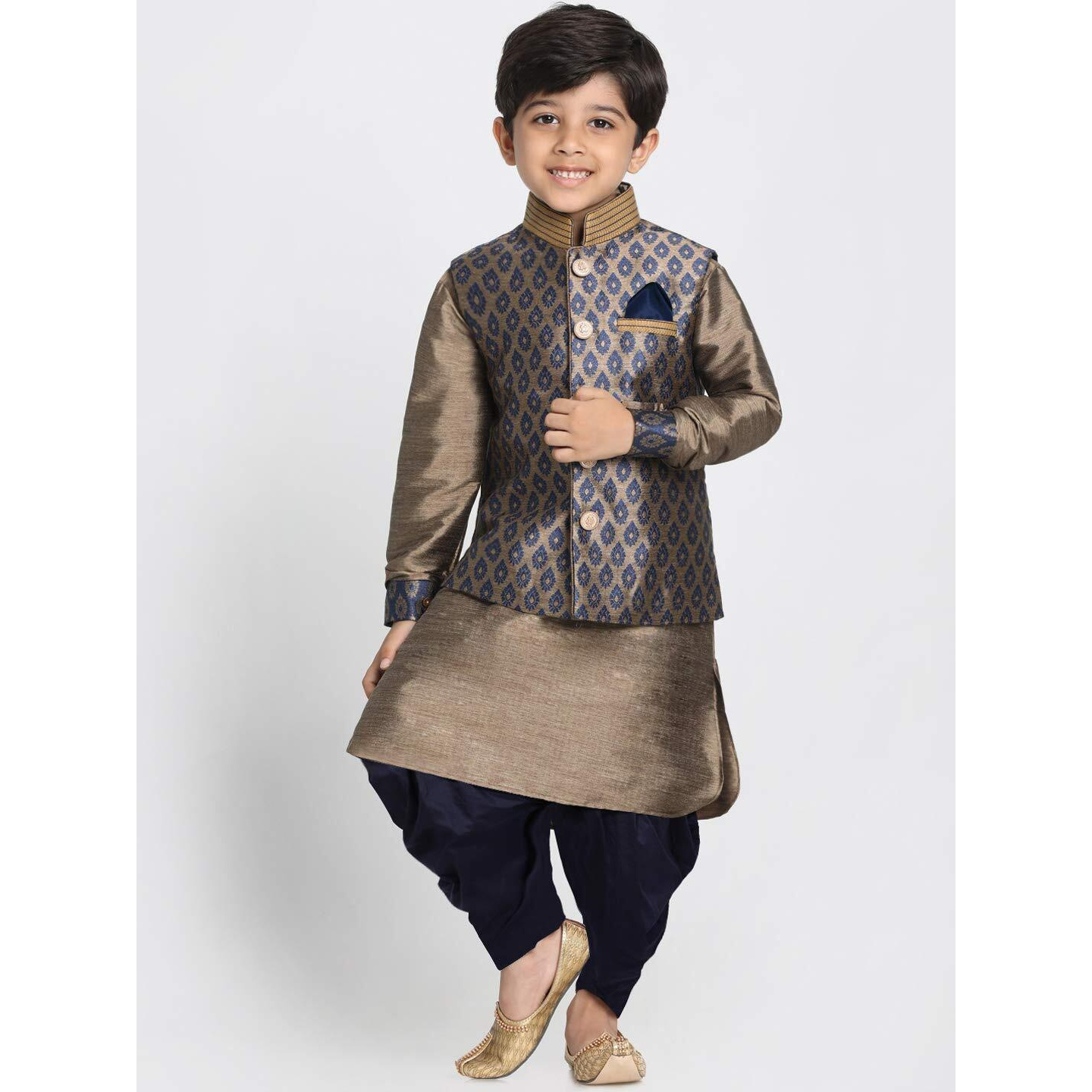 Jbn Creation Boys' Navy Blue And Gold Silk Blend Ethnic Jacket, Kurta And Dhoti Pant Set_Vasbj025Nbnbuk006Nbncdnb_26