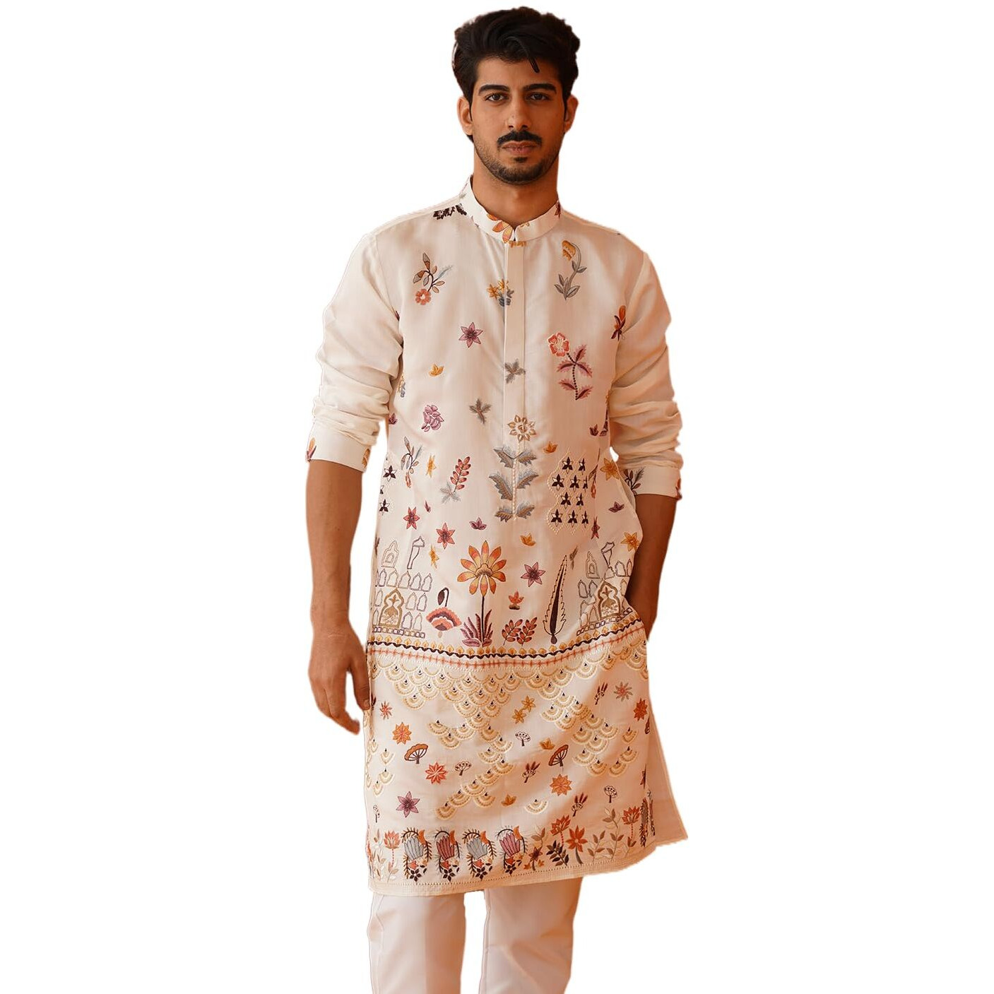 Jompers White Floral Embroidered And Sequins Kurtas (White, L)