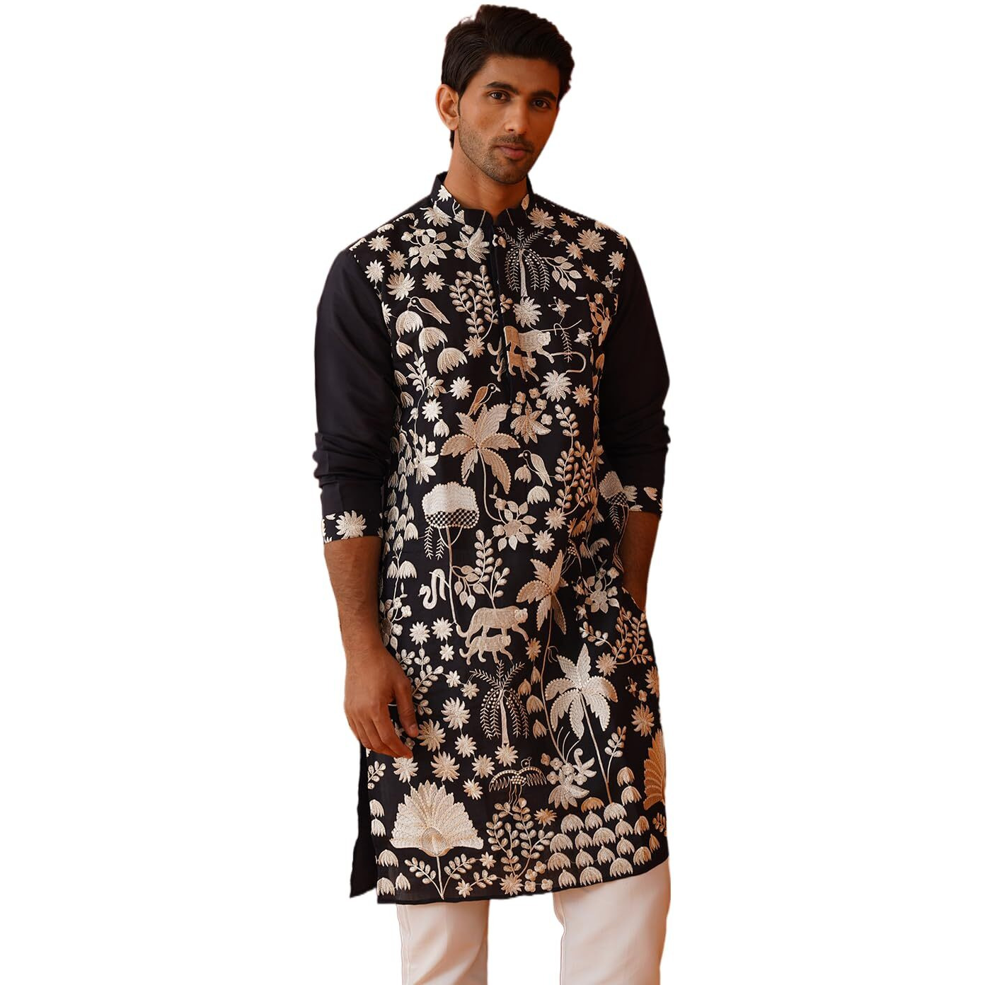 Jompers Black Embroidered Straight Kurta Pyjama Set. (Black, S)