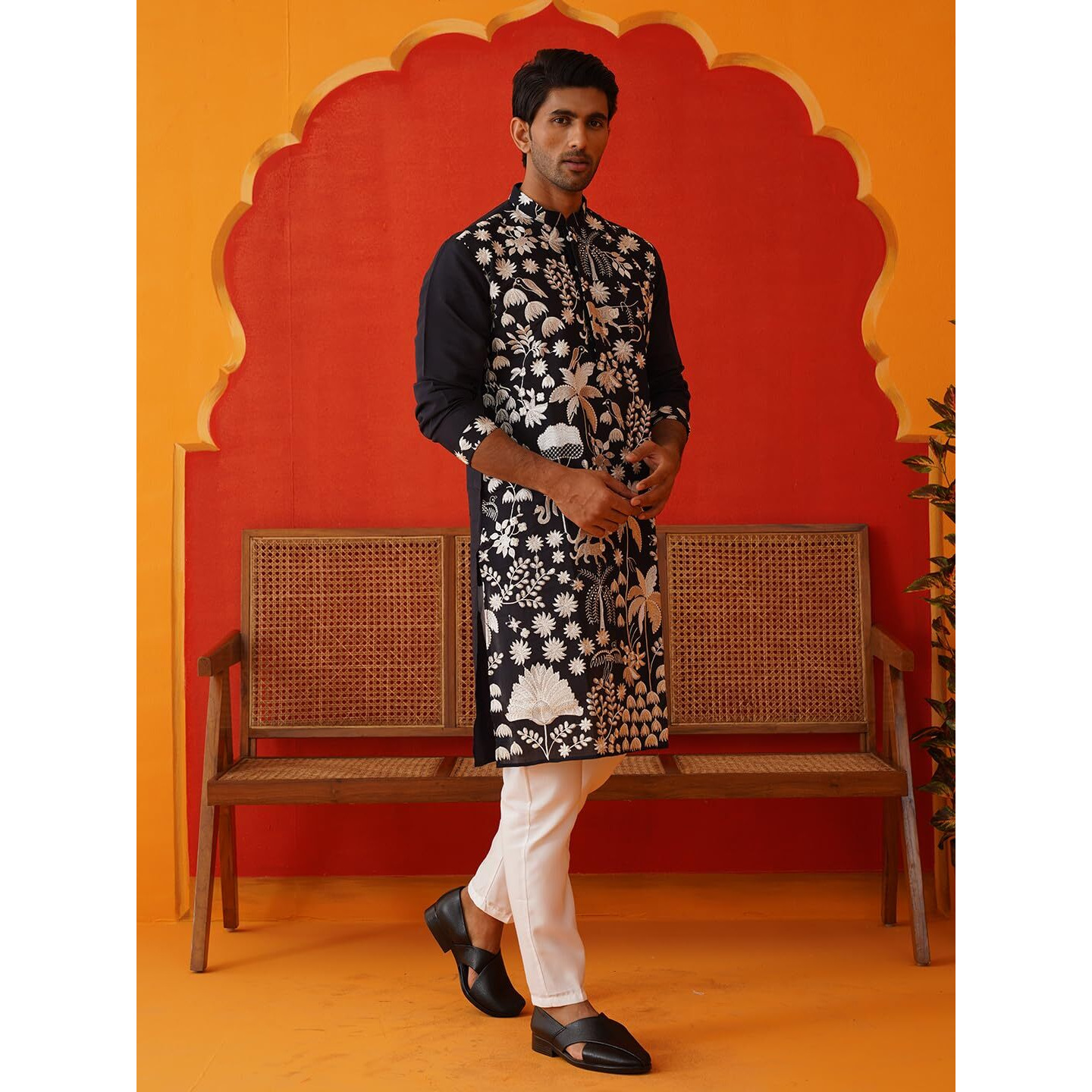 Jompers Black Embroidered Straight Kurta Pyjama Set. (Black, S)