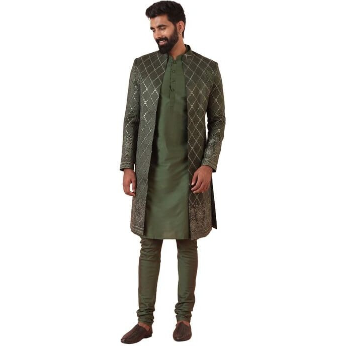 Kisah Mens Kurta Sherwani Set|Blended Fabric Embellished Pattern Indo-Western Set For Men|Regular Fit Mandarin Collar Long Sleeves, Olive, 40