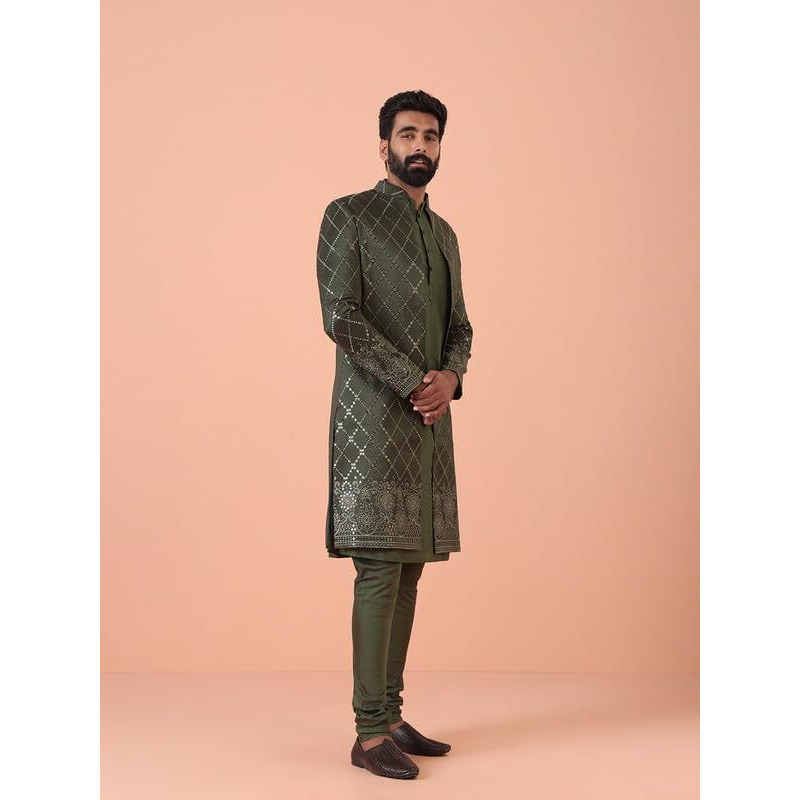 Kisah Mens Kurta Sherwani Set|Blended Fabric Embellished Pattern Indo-Western Set For Men|Regular Fit Mandarin Collar Long Sleeves, Olive, 40
