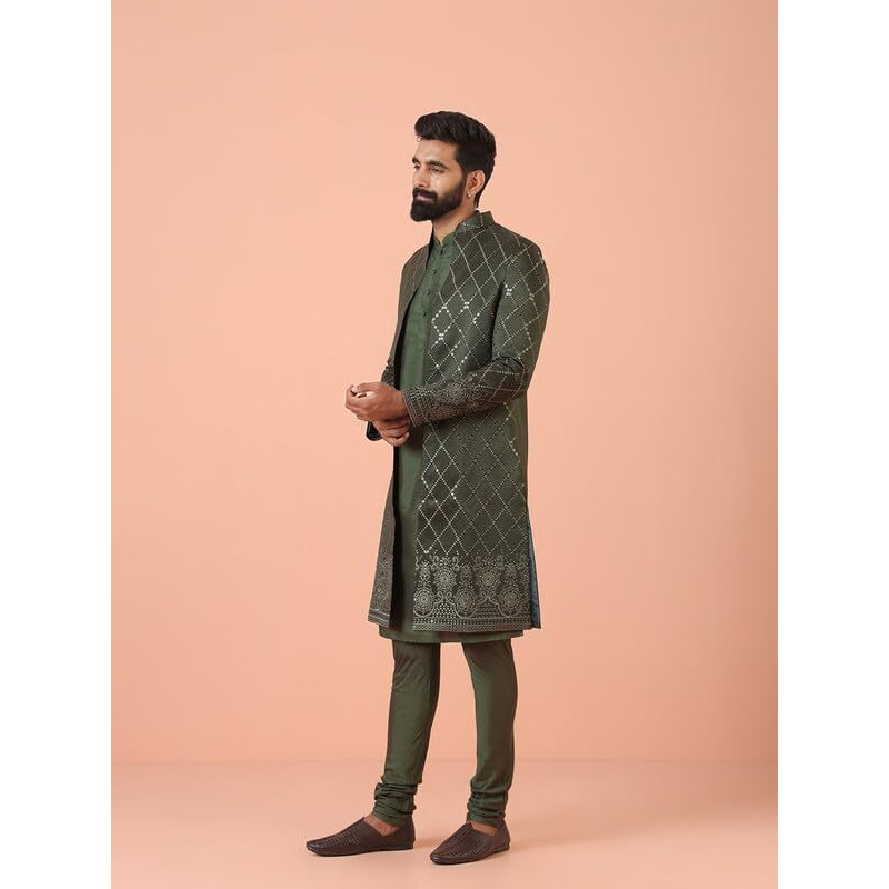 Kisah Mens Kurta Sherwani Set|Blended Fabric Embellished Pattern Indo-Western Set For Men|Regular Fit Mandarin Collar Long Sleeves, Olive, 40
