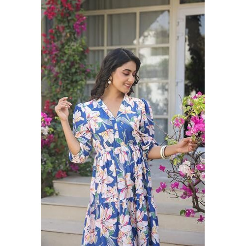 Leriya Fashion Women's Rayon Casual Below The Knee Western Dress (Lf-W.Dress-Wd1317_Blue