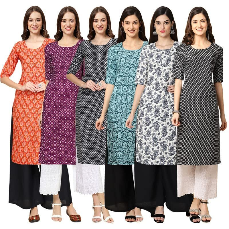Pinkmint Women's Crepe Digital Print Straight Kurta [Pack Of 6] Multicolour