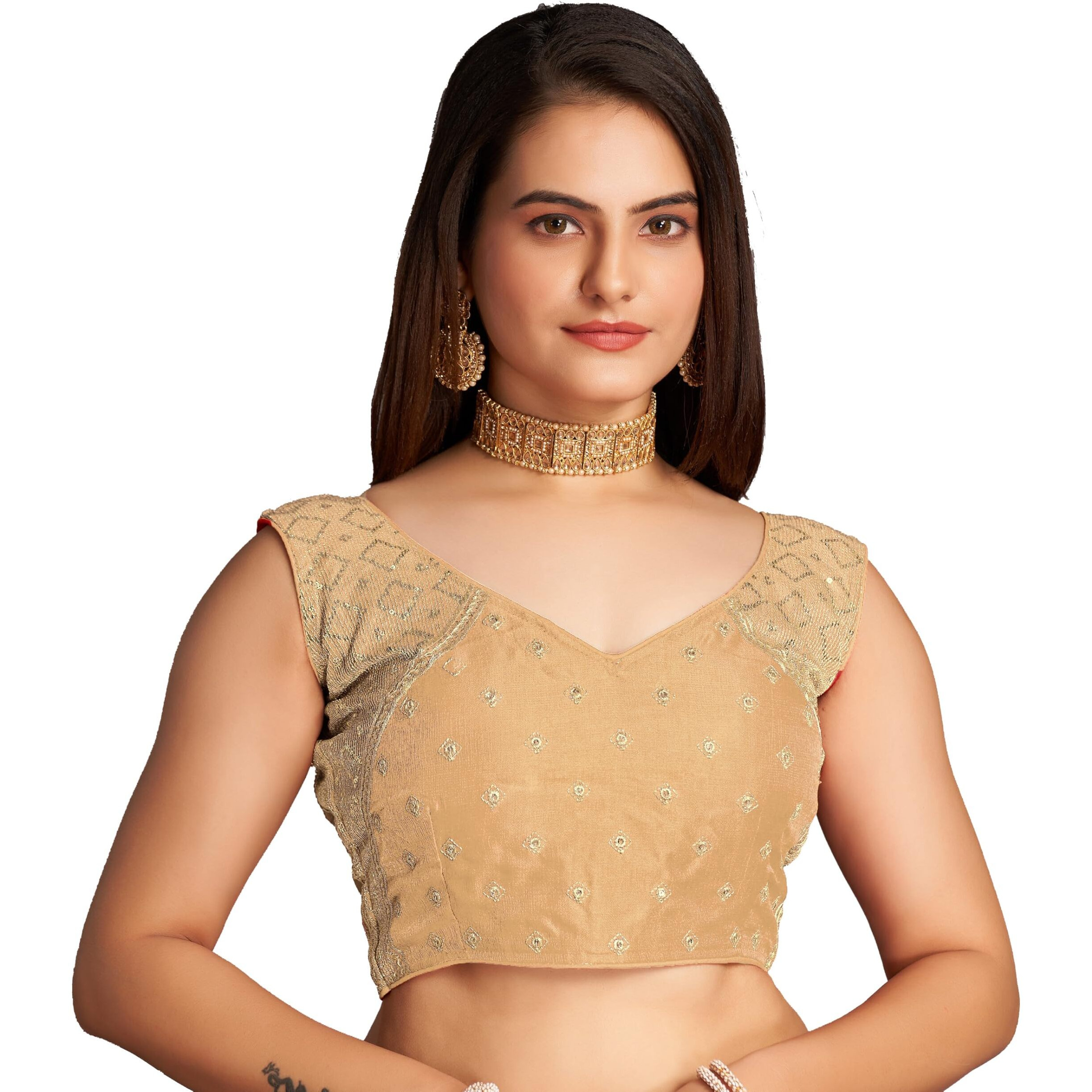Pujia Mills Women's Sequin Embroidered V Neck Sleeveless Gold Readymade Saree Blouse Indian Ethnic Stitched Padded Blouses For Women