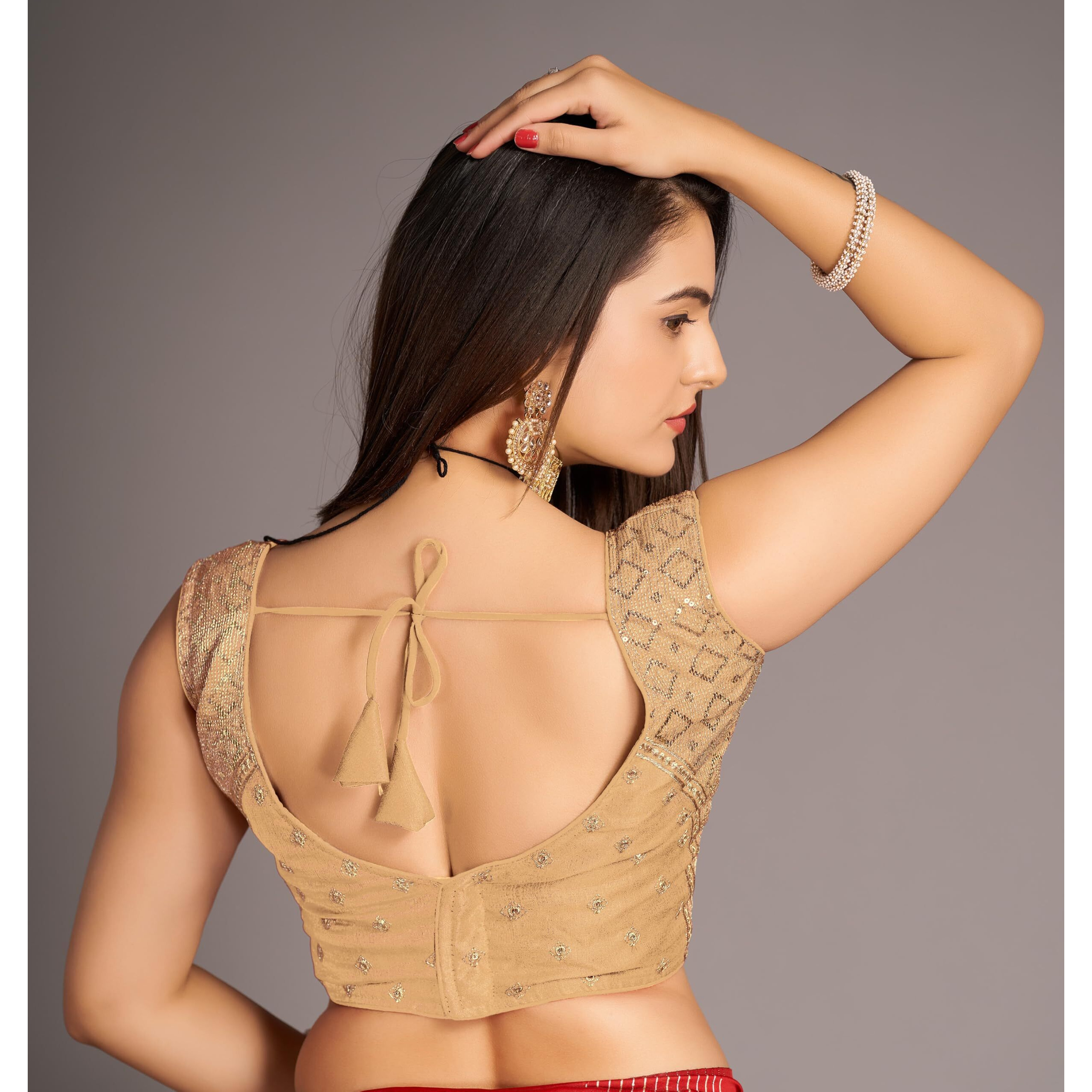 Pujia Mills Women's Sequin Embroidered V Neck Sleeveless Gold Readymade Saree Blouse Indian Ethnic Stitched Padded Blouses For Women