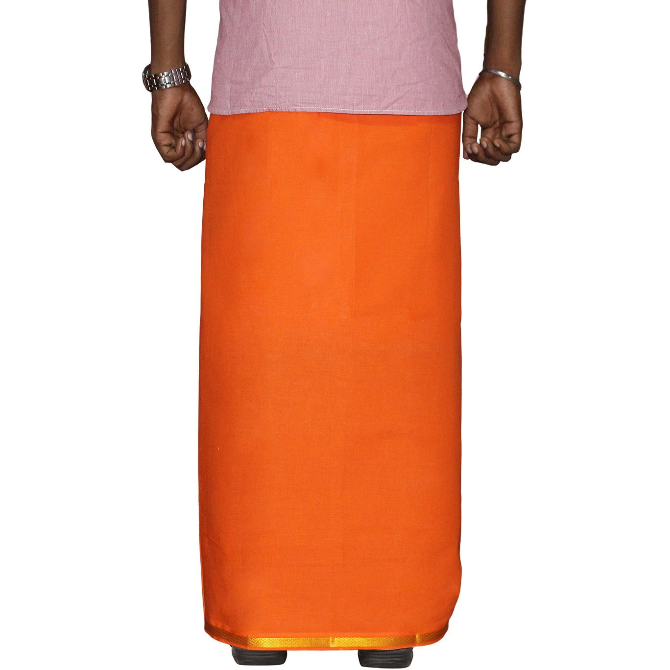 Prakasam Cotton Men's Single Orange Colour Welcro Stitched Pocket Jari Dhoti With Matching Gold Jari Towel