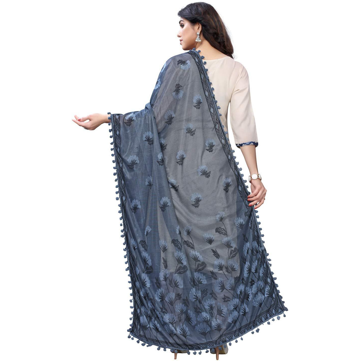 Satrani Women's Lycra Terry Jacquard Dupatta (87Fdr104 Grey Terry Jacquard, Tassel), Free