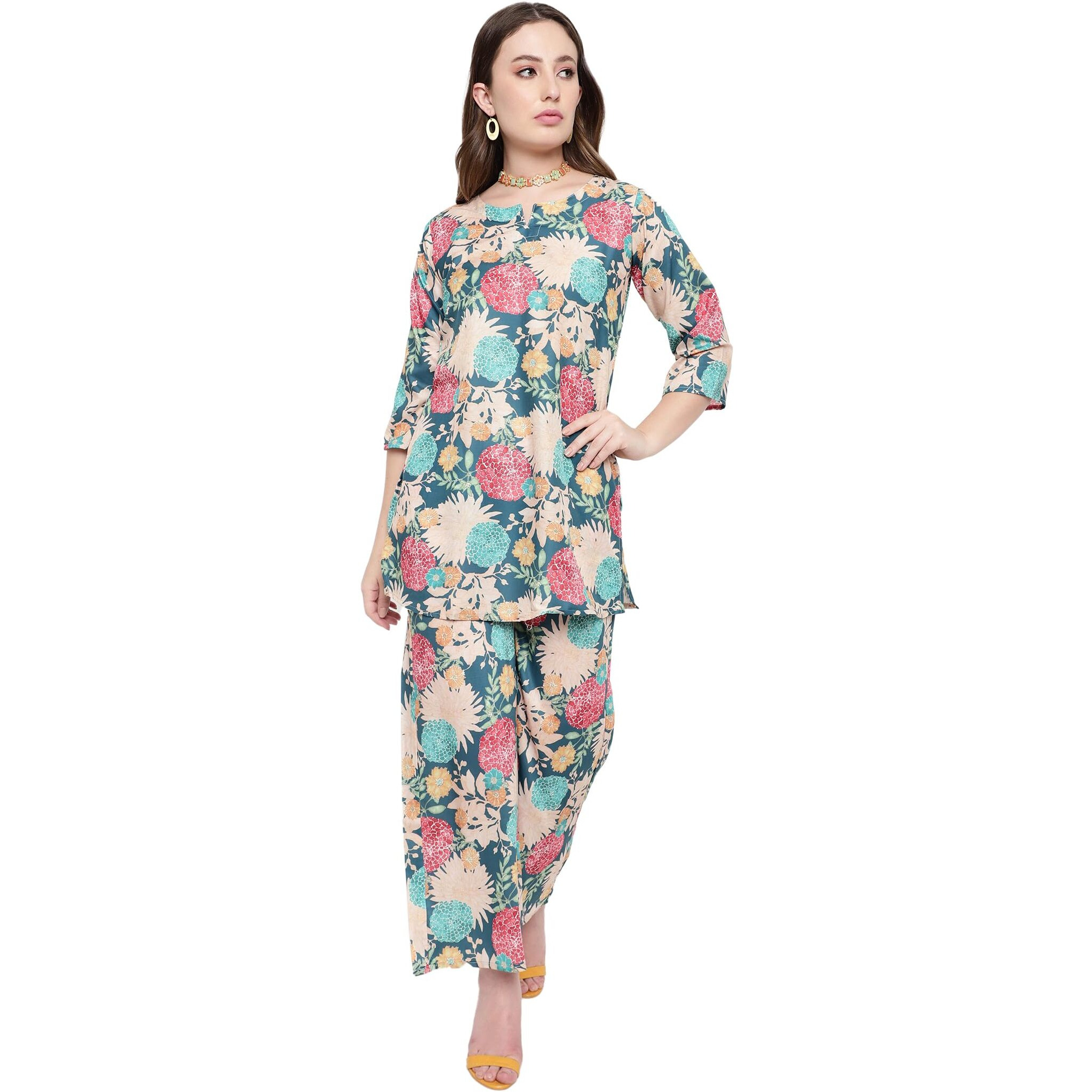 Shasmi Women's Cotton Blend Dress Blue Keyhole Neck Co-Ods Set For Women (Co-Ods 97 Blue M)