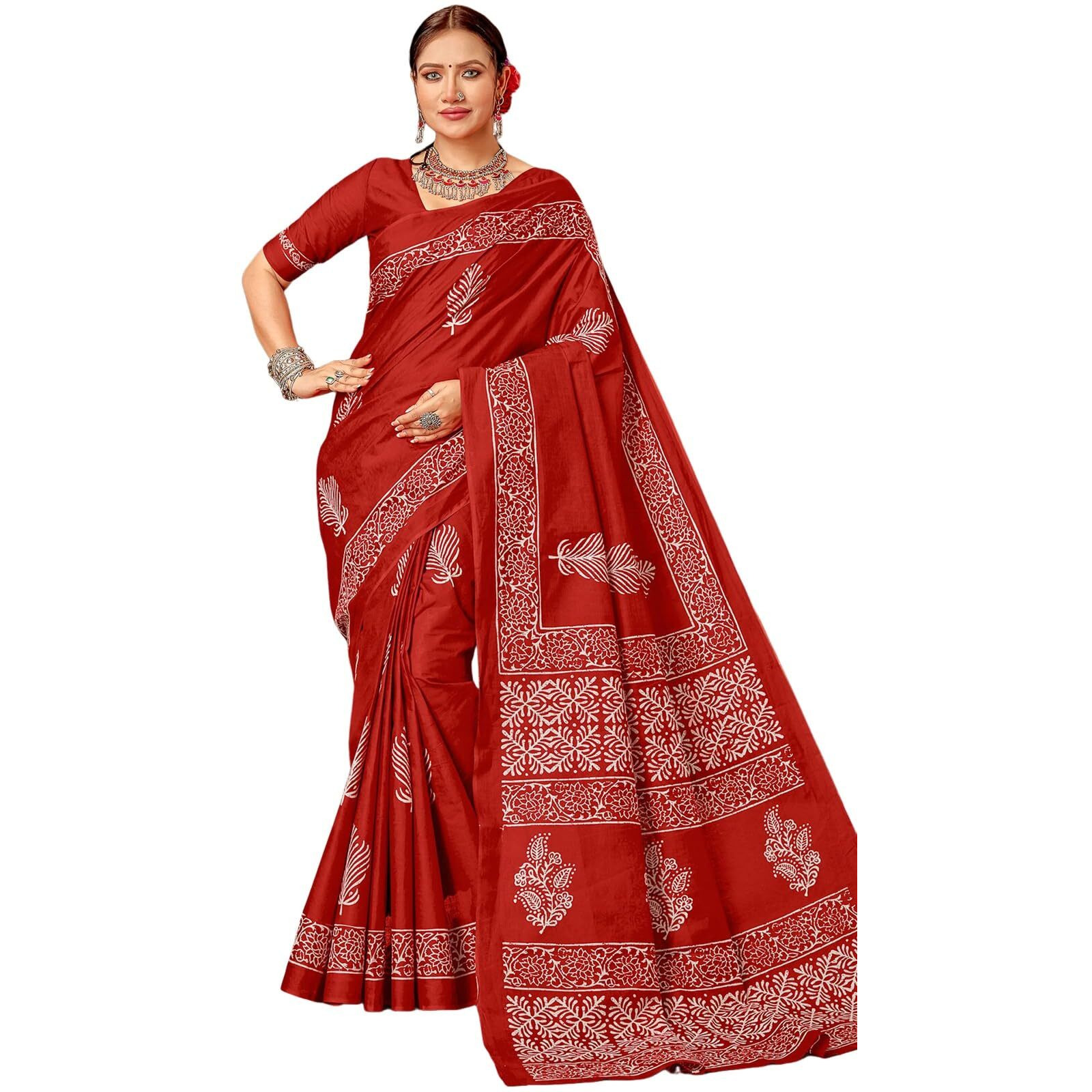 Satrani Women's Pure Cotton Printed Saree With Unstitched Blouse Piece (4219S135N_Red & White)
