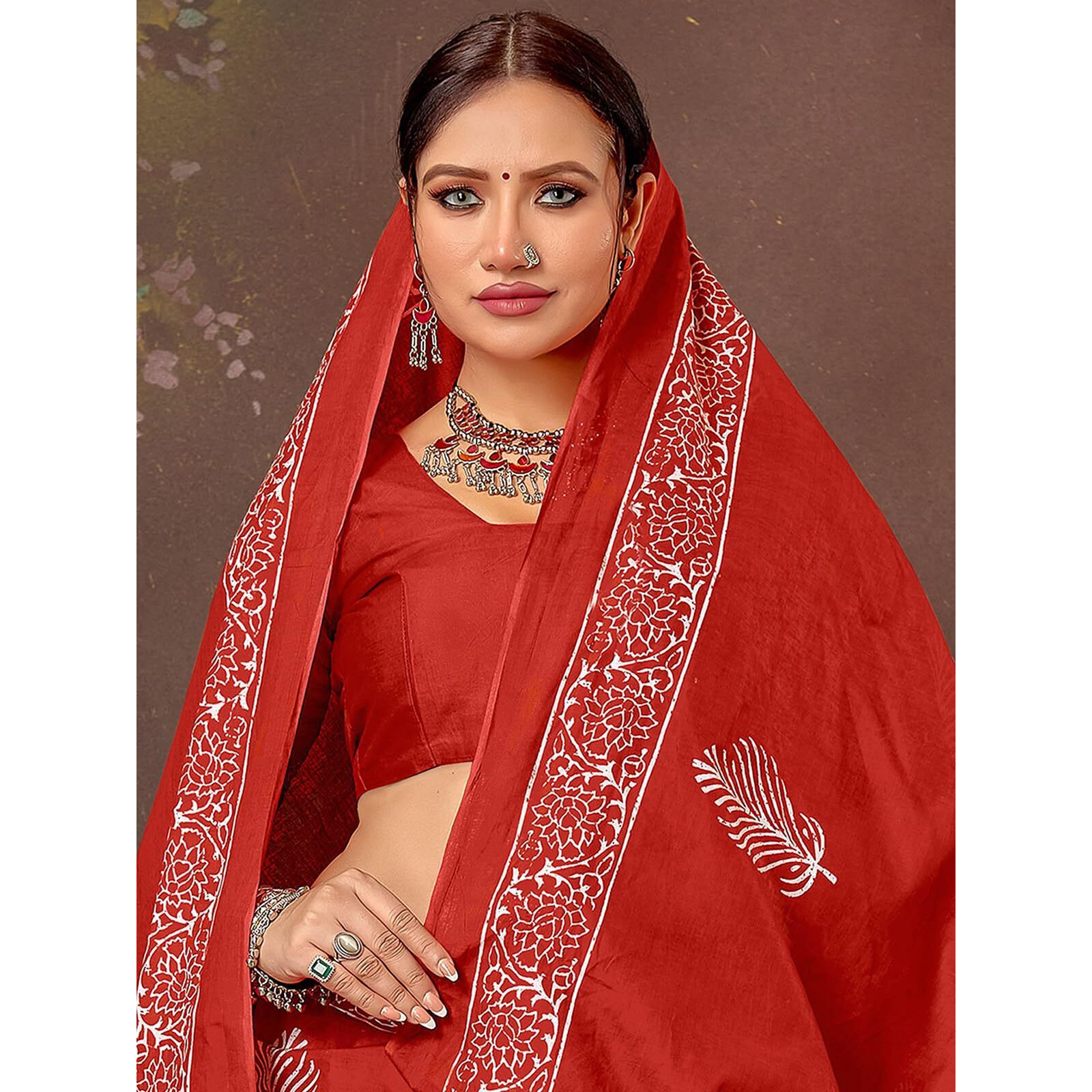 Satrani Women's Pure Cotton Printed Saree With Unstitched Blouse Piece (4219S135N_Red & White)