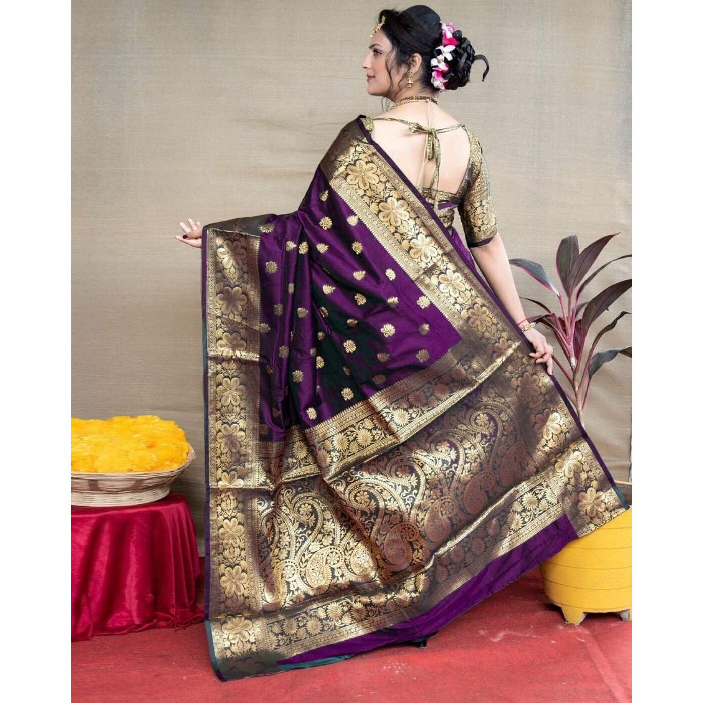 Shiv Textiles Women's Silk Woven Kanjivaram Saree(S-102-Purple)