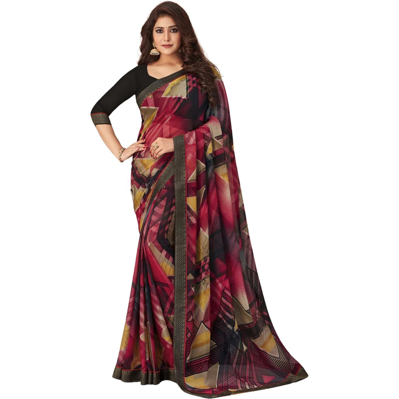 Shiv Textiles Women's Chiffon Digital Printed & Lace Saree(Sat-542S-104)