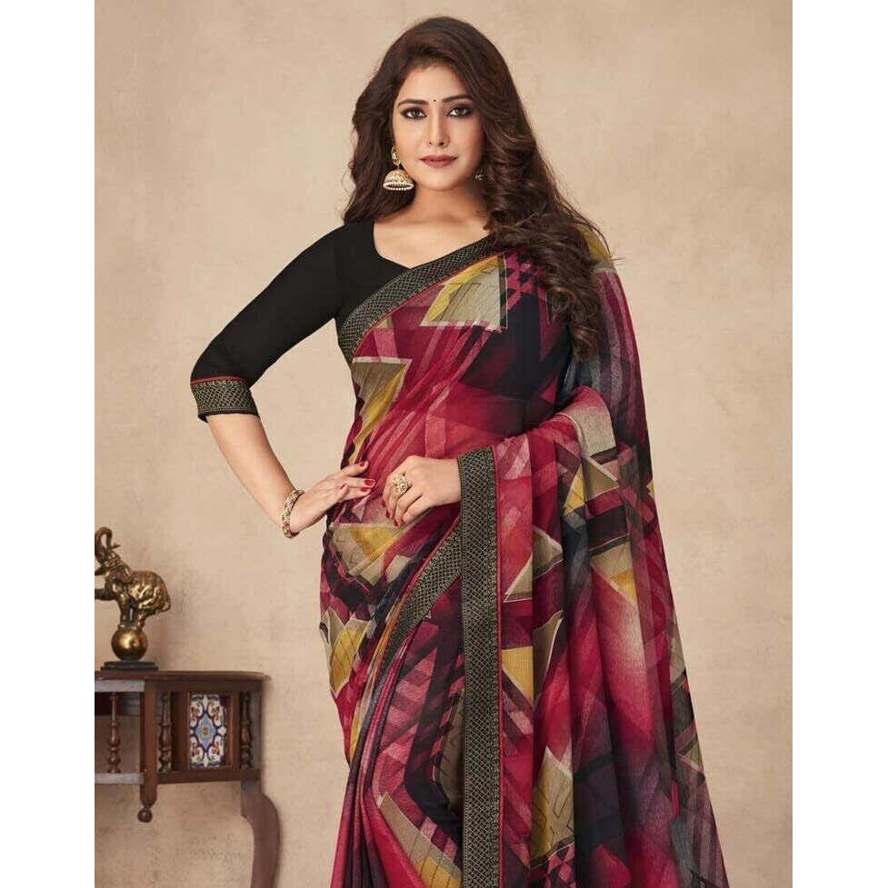 Shiv Textiles Women's Chiffon Digital Printed & Lace Saree(Sat-542S-104)