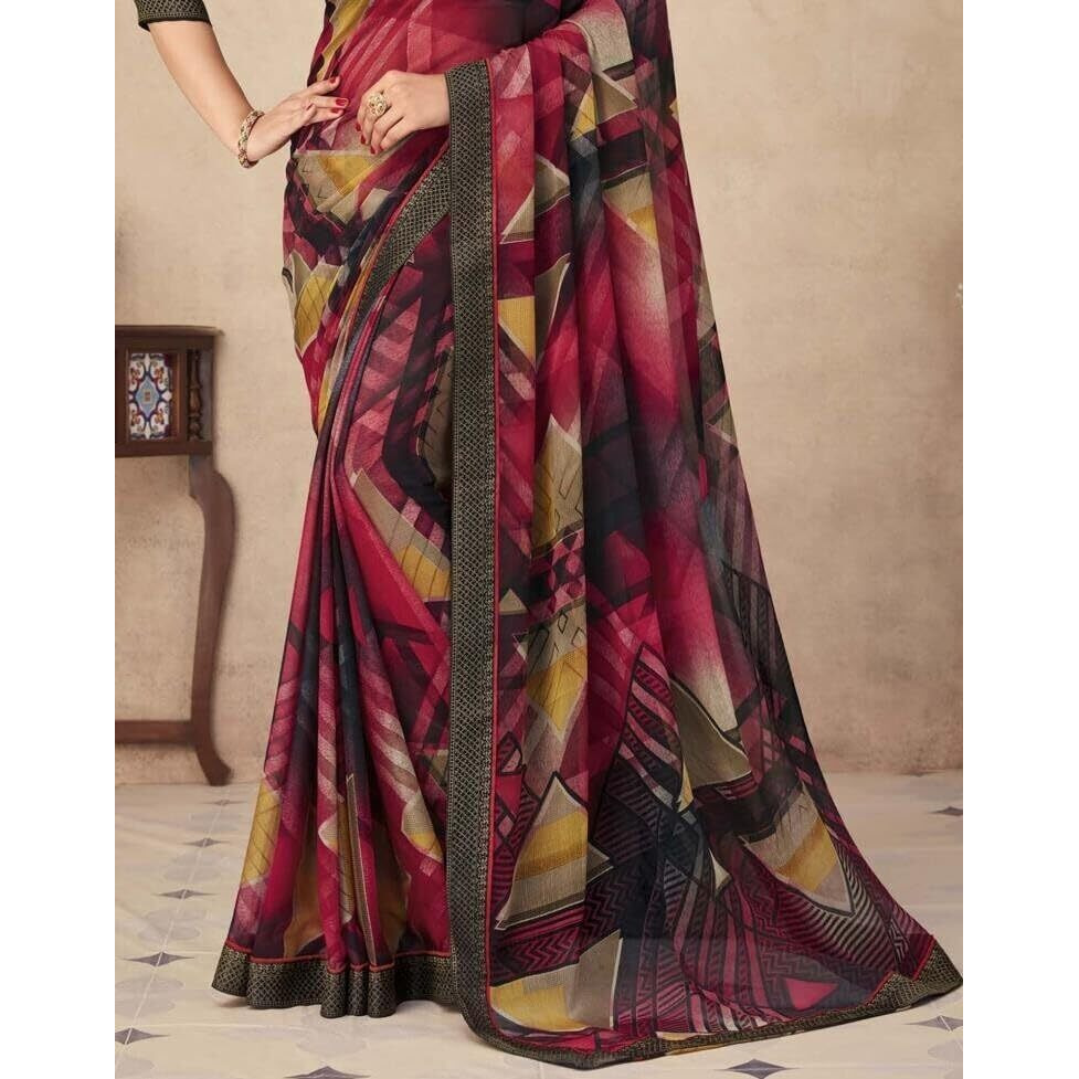 Shiv Textiles Women's Chiffon Digital Printed & Lace Saree(Sat-542S-104)