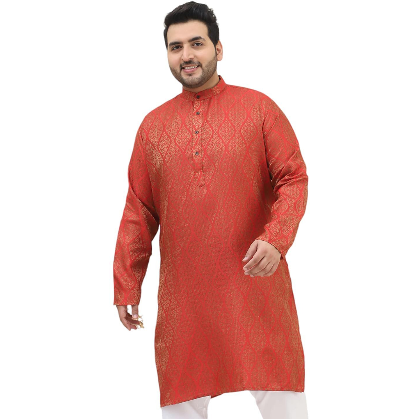 Sojanya Plus (Since 1958) Men's Jacquard Silk Red & Gold Only Long Kurta