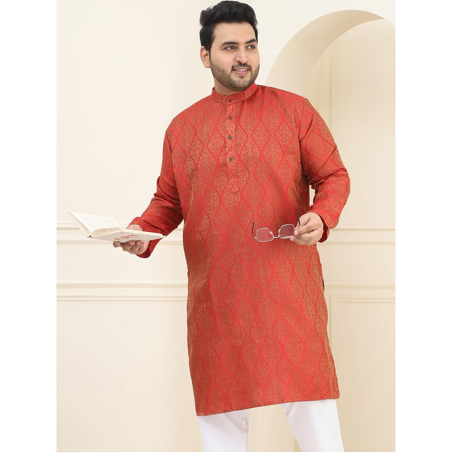 Sojanya Plus (Since 1958) Men's Jacquard Silk Red & Gold Only Long Kurta