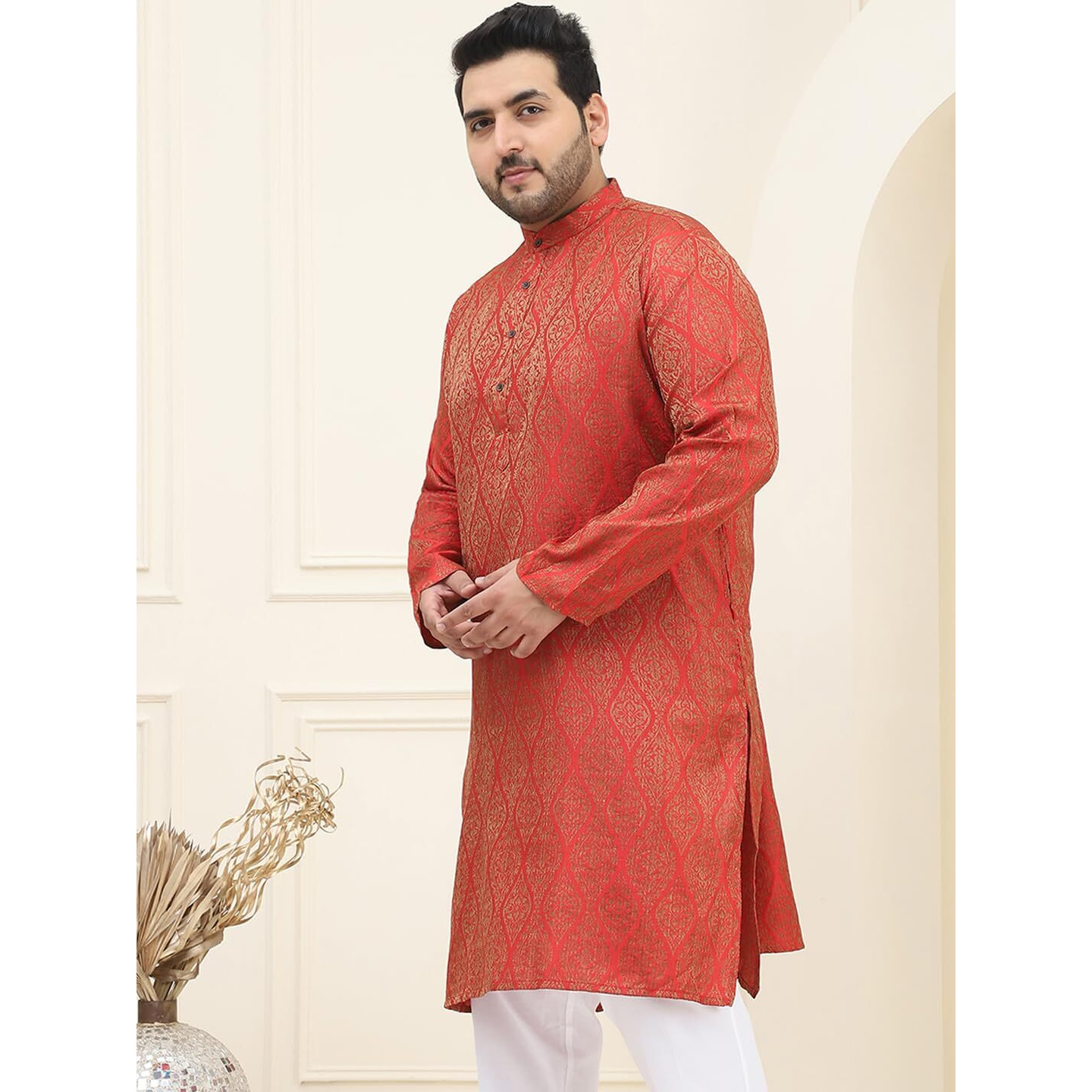 Sojanya Plus (Since 1958) Men's Jacquard Silk Red & Gold Only Long Kurta