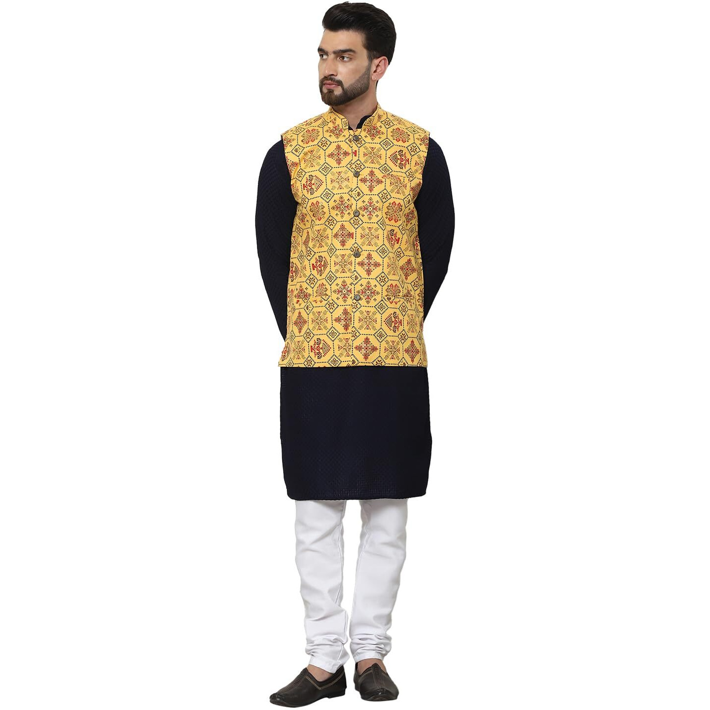Sojanya (Since 1958 Men's Pure Cotton Navy Kurta And White Pyjama With Printed Mustard Nehru Jacket