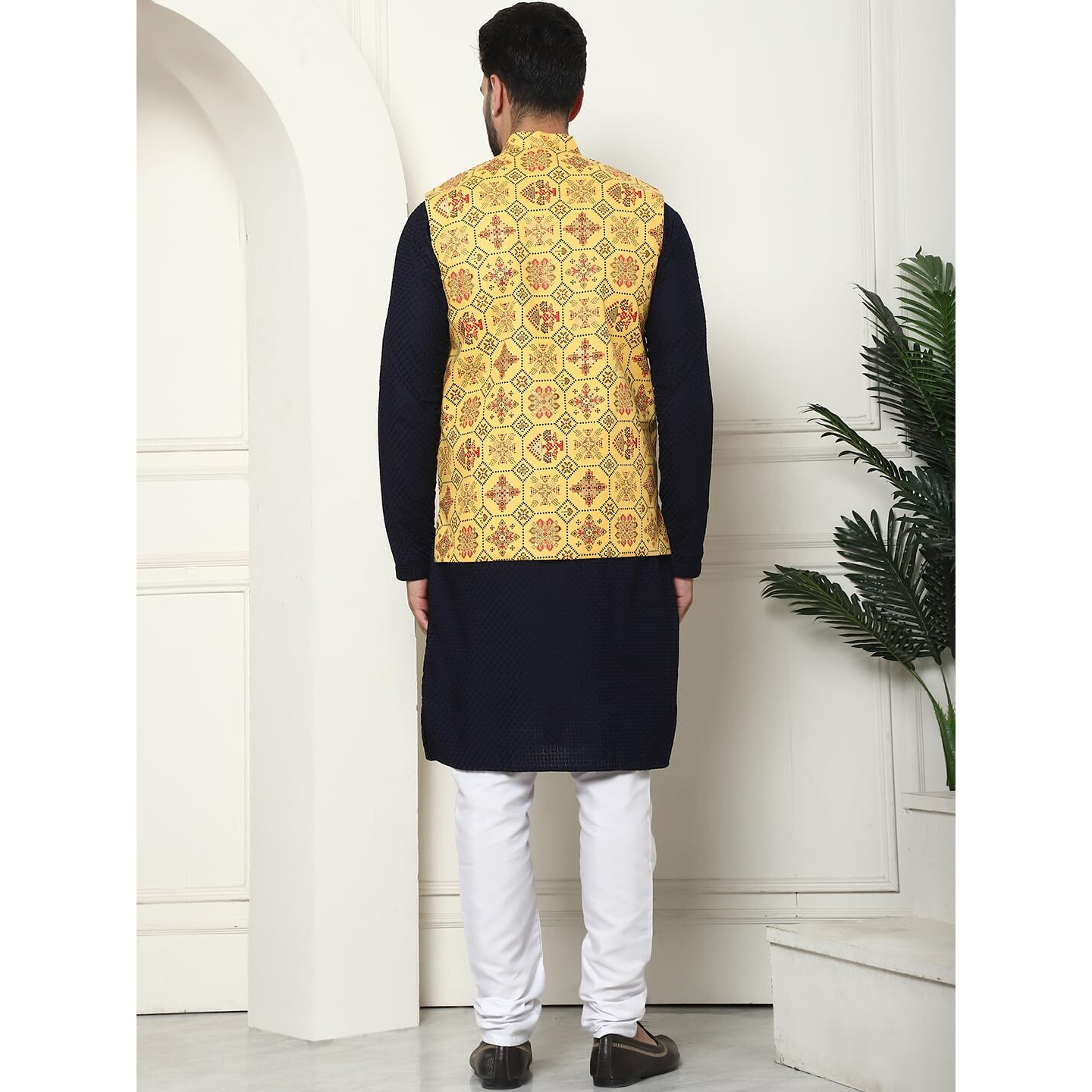 Sojanya (Since 1958 Men's Pure Cotton Navy Kurta And White Pyjama With Printed Mustard Nehru Jacket
