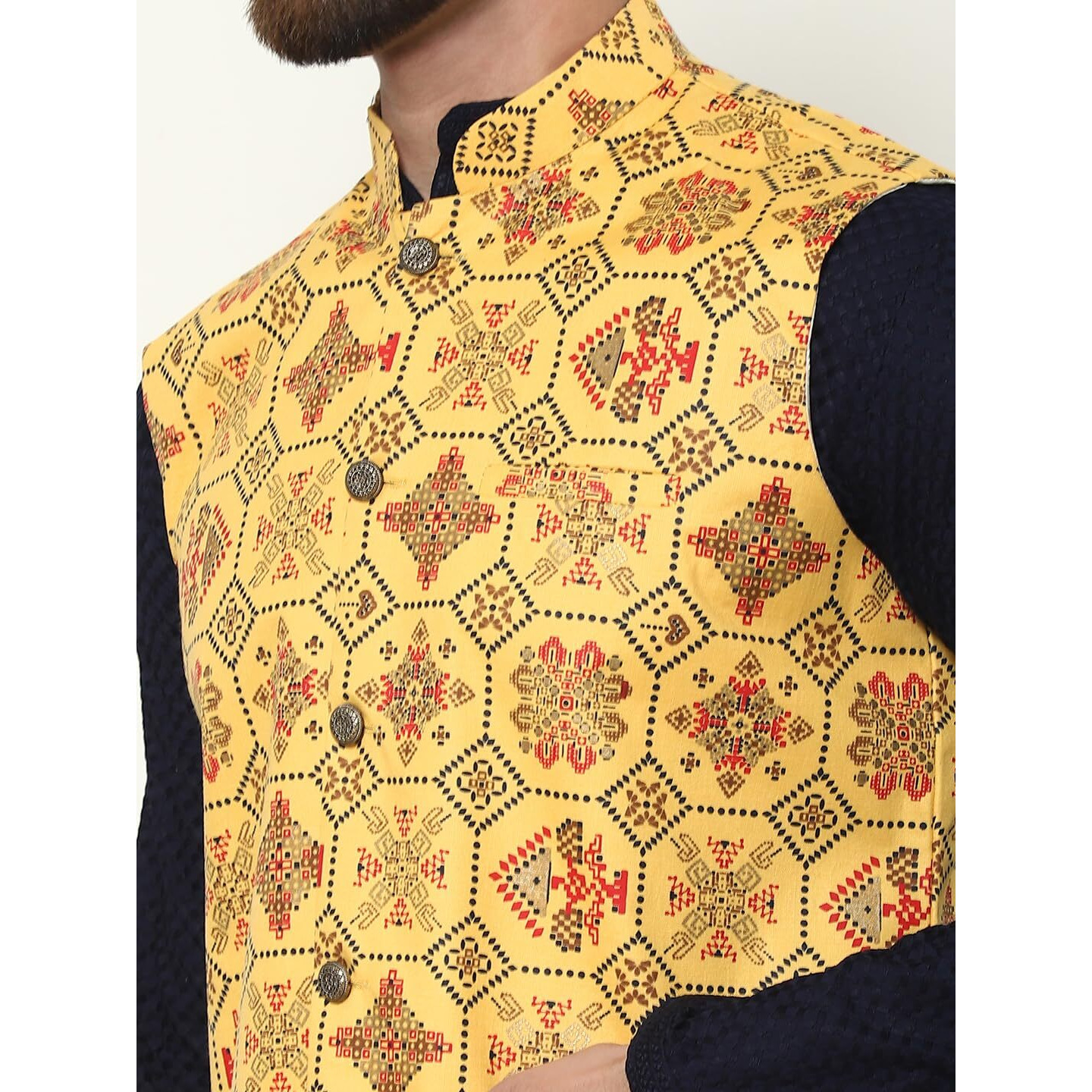 Sojanya (Since 1958 Men's Pure Cotton Navy Kurta And White Pyjama With Printed Mustard Nehru Jacket