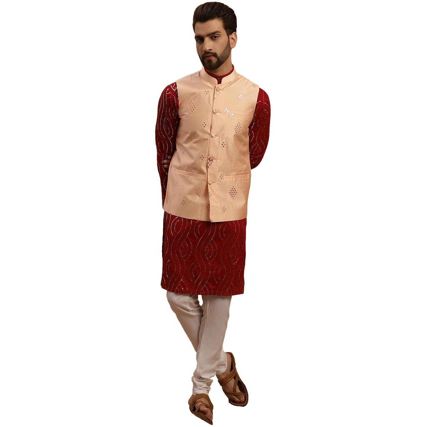 Sojanya (Since 1958 Men's Pure Cotton Maroon Kurta And White Pyjama With Peach Silk Nehru Jacket