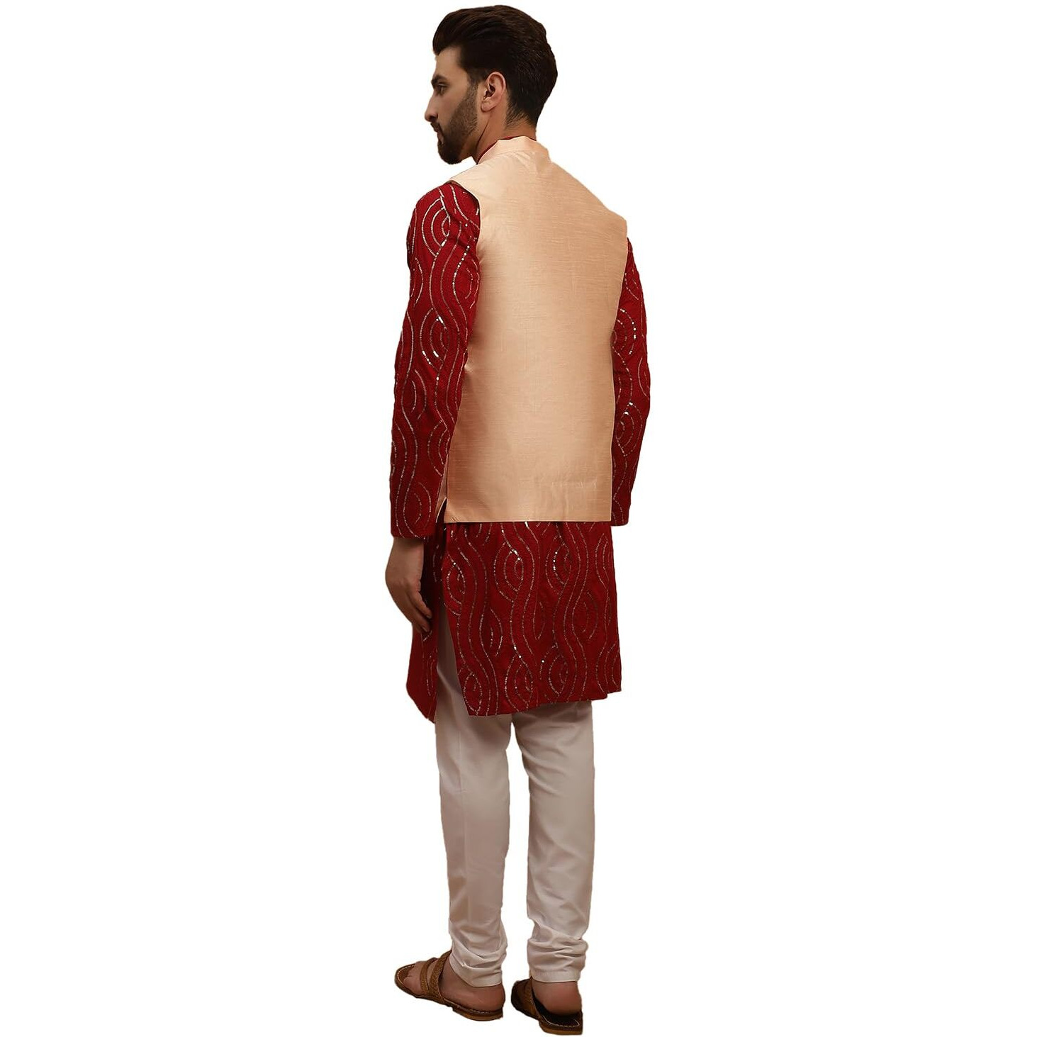 Sojanya (Since 1958 Men's Pure Cotton Maroon Kurta And White Pyjama With Peach Silk Nehru Jacket