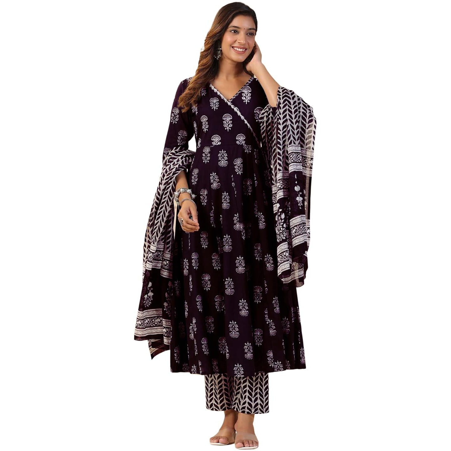 Tee Projekt Women's Cotton Blend V-Neck Anarkali Kurta Pant With Dupatta Set Ll Floral Kurta Set For Women Purple