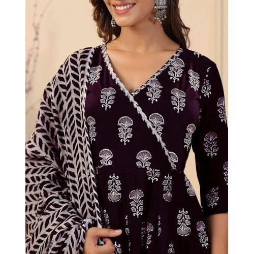 Tee Projekt Women's Cotton Blend V-Neck Anarkali Kurta Pant With Dupatta Set Ll Floral Kurta Set For Women Purple