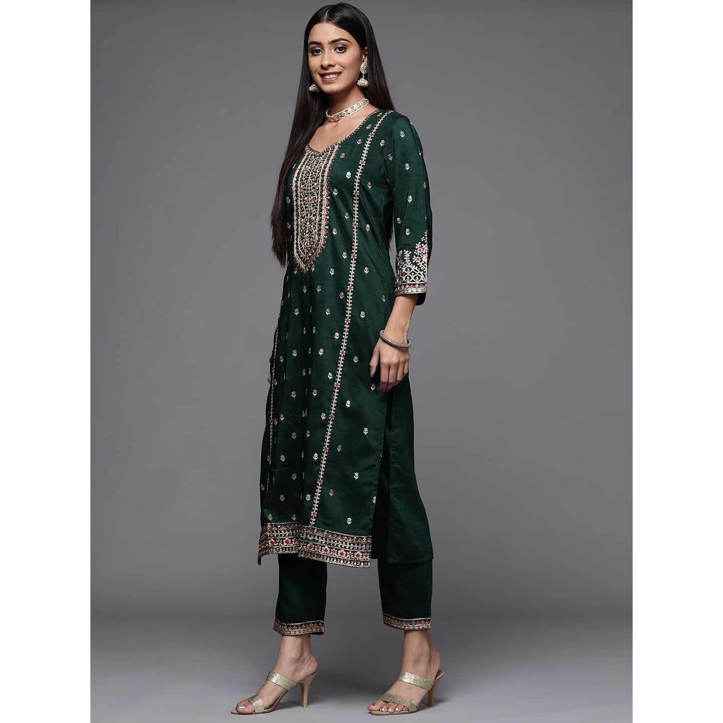 Varanga Green Embroidered Kurta Paired With Tonal Bottom And Dupatta