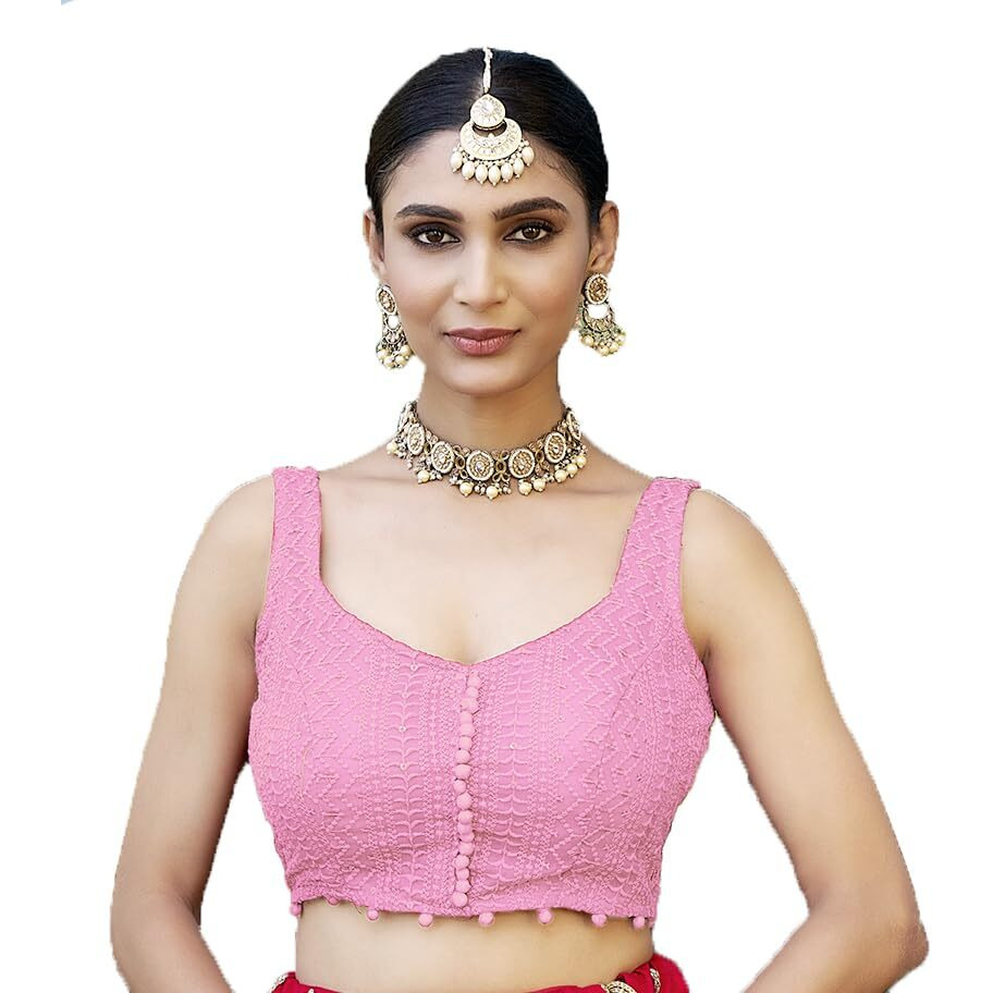 Vihu Fashion Women's Georgett Floral Sleeveless Regular Blouse (Vf B Lucknowi 3 Baby Pink 38
