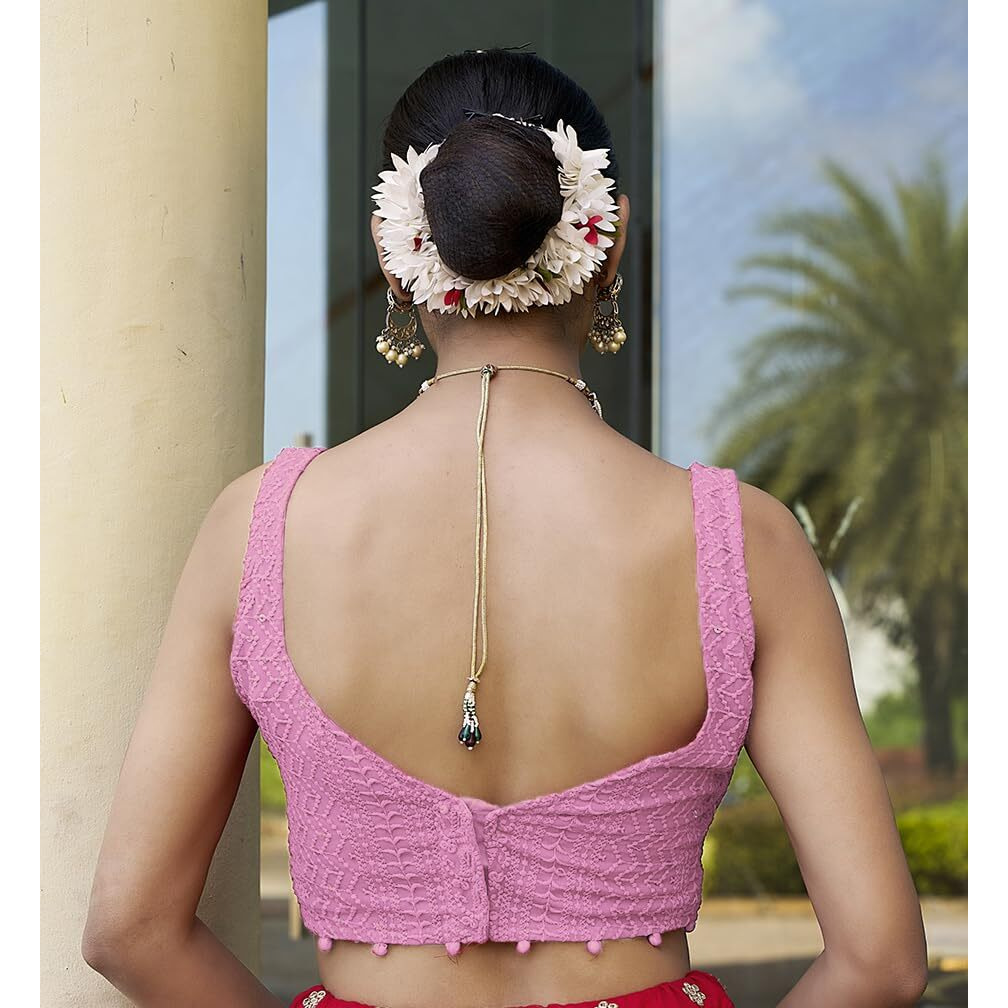 Vihu Fashion Women's Georgett Floral Sleeveless Regular Blouse (Vf B Lucknowi 3 Baby Pink 38