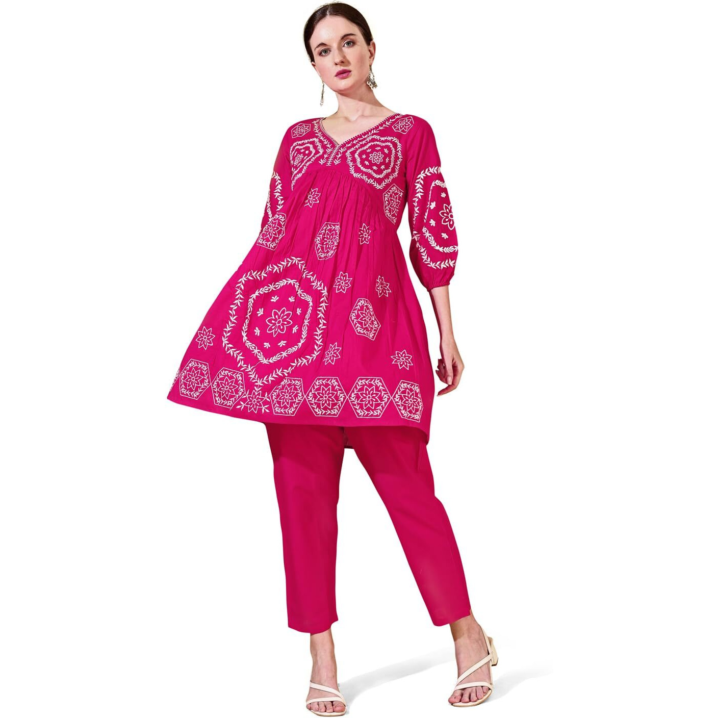Womanista Women's Pure Cotton Solid Regular Embroidered Co-Ord Set 9136_Fuchsia