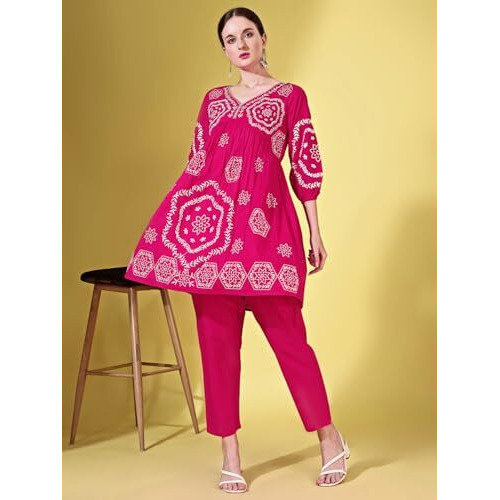 Womanista Women's Pure Cotton Solid Regular Embroidered Co-Ord Set 9136_Fuchsia