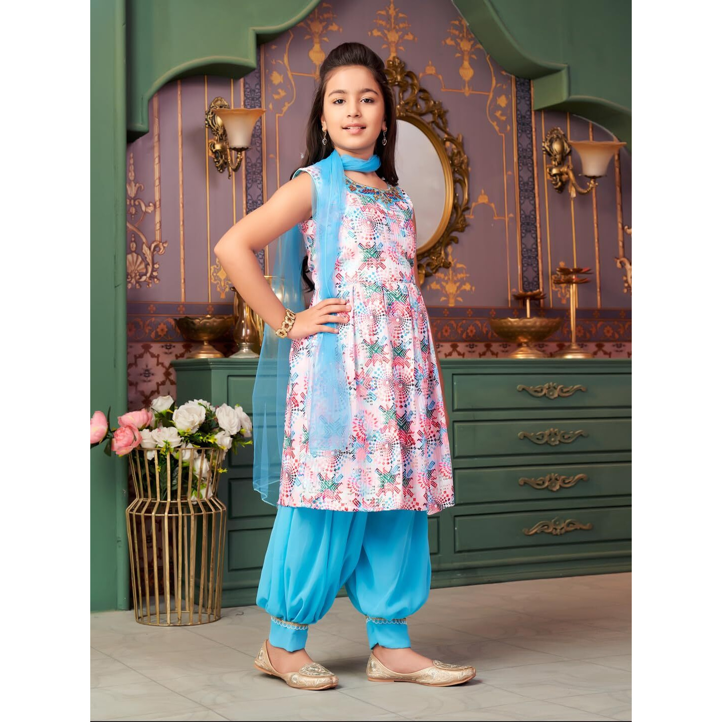 Aarika Girls Ethnic Wear Turquoise-White Colour Beads Hand Embroidery Cotton Blend Kurti Patiala Set With Dupatta-3-9 Years (Pt-12706)