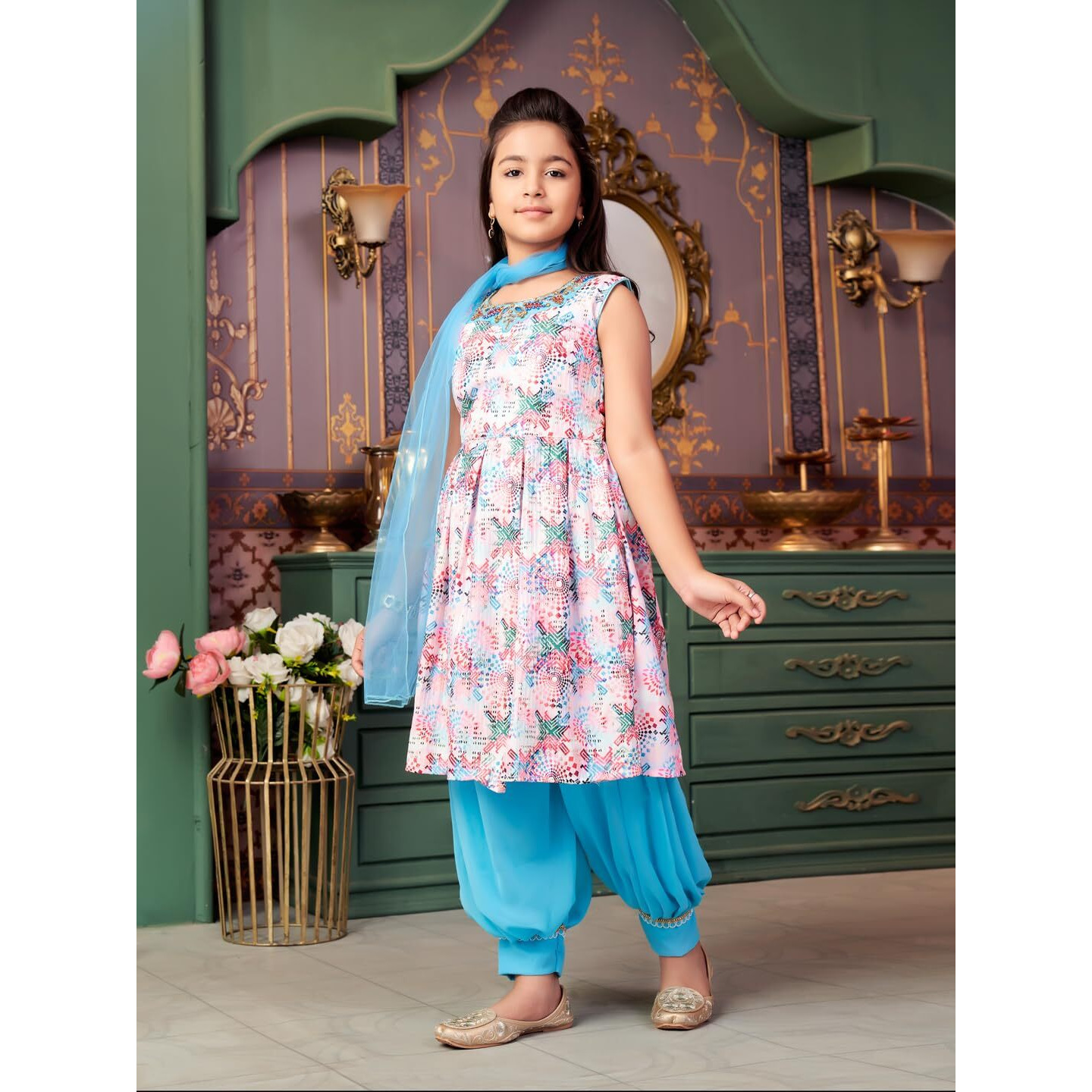 Aarika Girls Ethnic Wear Turquoise-White Colour Beads Hand Embroidery Cotton Blend Kurti Patiala Set With Dupatta-3-9 Years (Pt-12706)