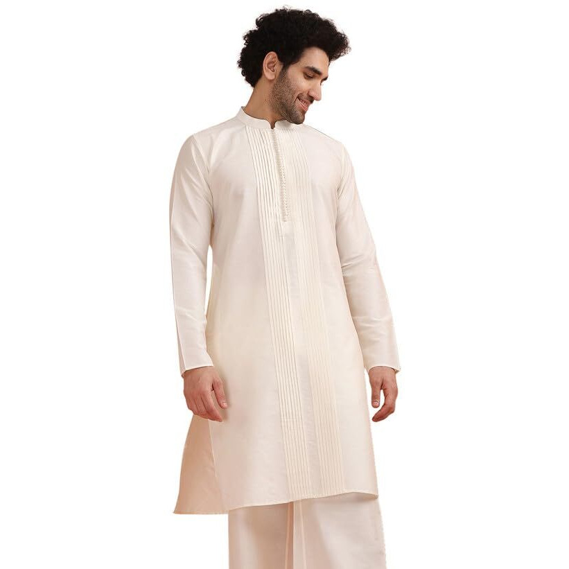Kisah Men's Cotton Blend Pleated Regular Kurta (Ka-1083_Off White