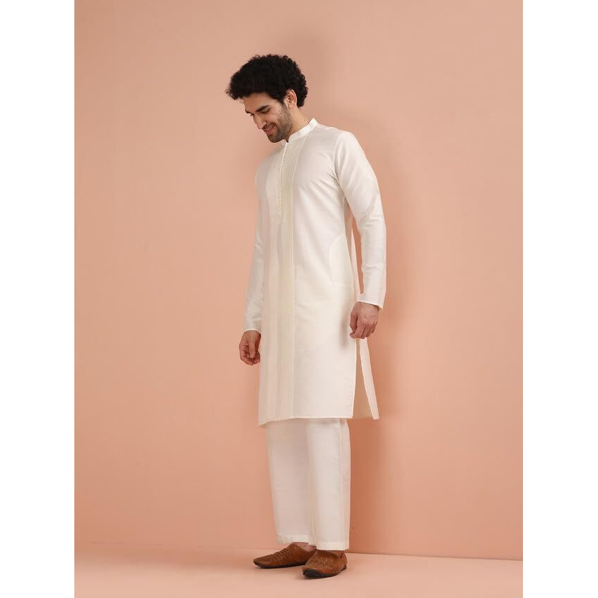 Kisah Men's Cotton Blend Pleated Regular Kurta (Ka-1083_Off White