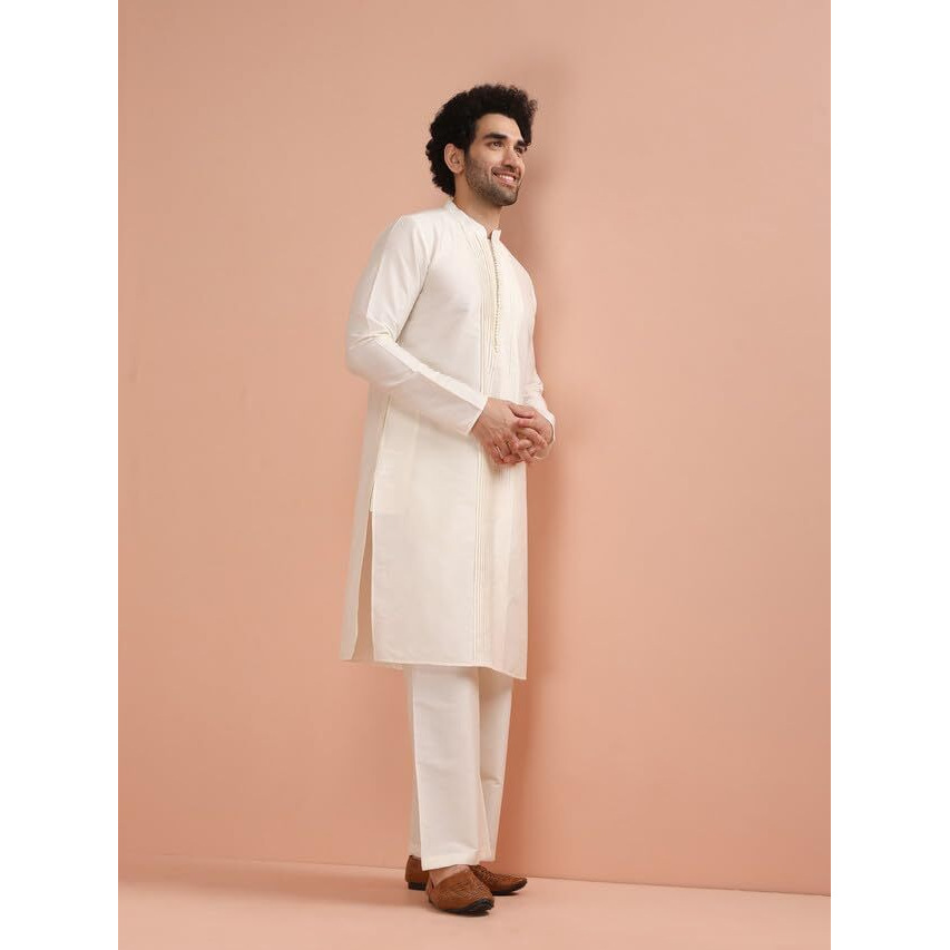 Kisah Men's Cotton Blend Pleated Regular Kurta (Ka-1083_Off White